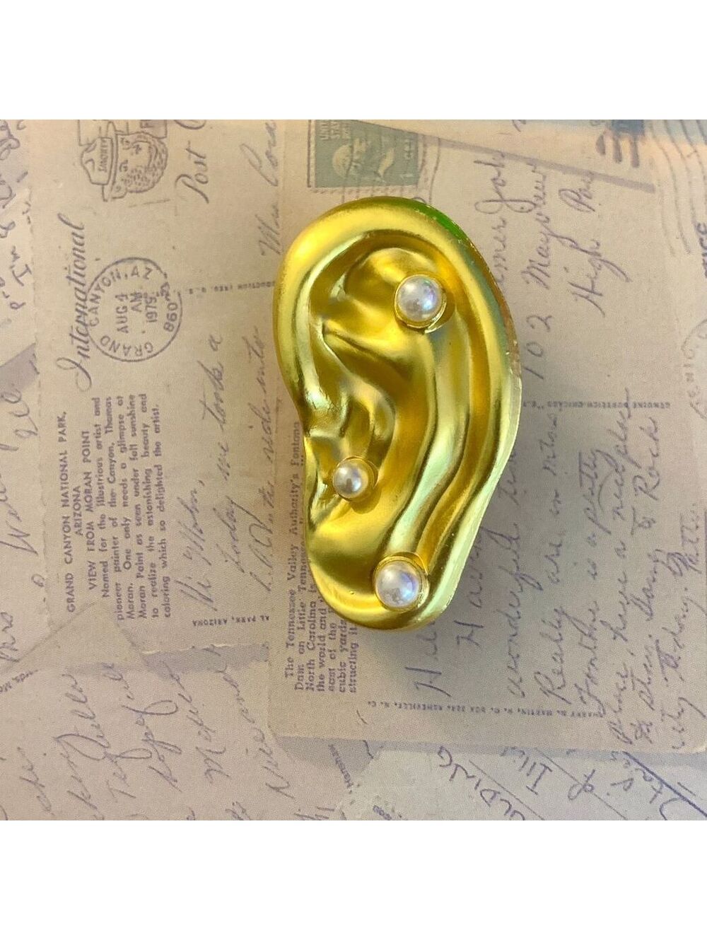 Schiaparelli Style Surrealist Human Ear Brooch Faux Pearl Piercing Statement Pin